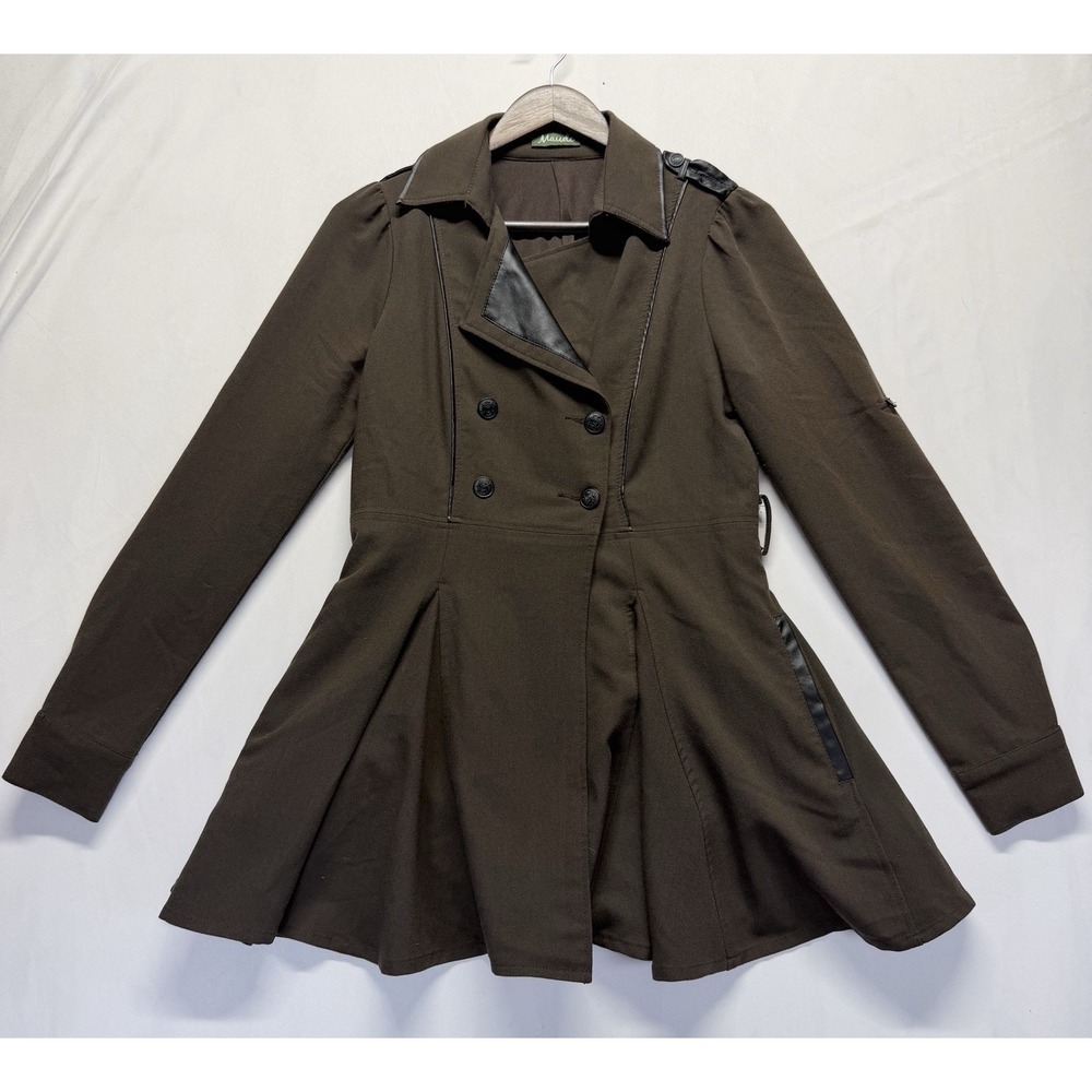 Maude Womens Small Brown Peacoat Jacket Faux Leather Trim Double Breasted Coat